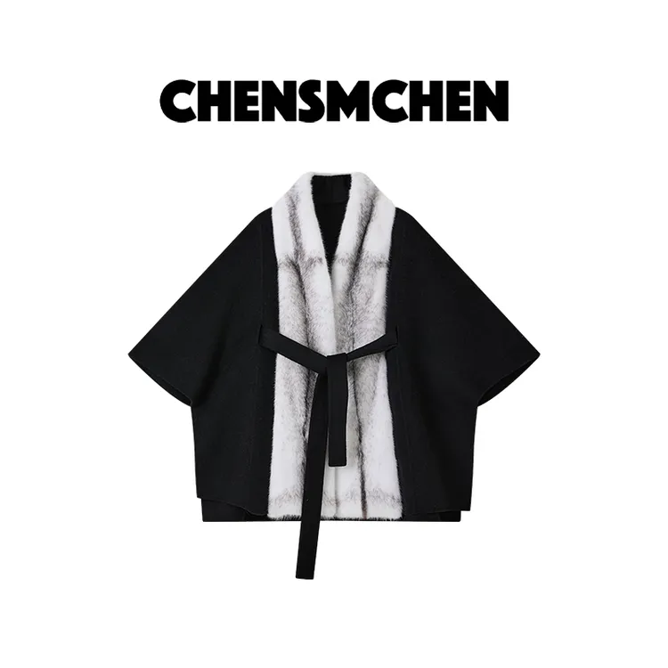 CHENSMCHEN绵羊毛黑十字貂拼接毛呢外套女气质时尚大衣CSD10657QQ
