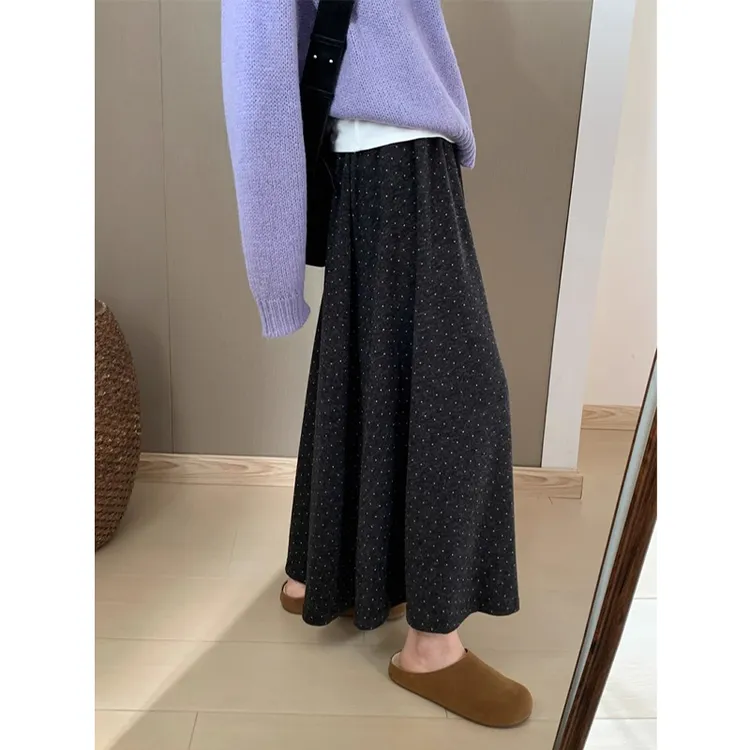 耶古慵懒感灰色波点半身裙女秋季新款高腰显瘦百搭休闲a字长裙子