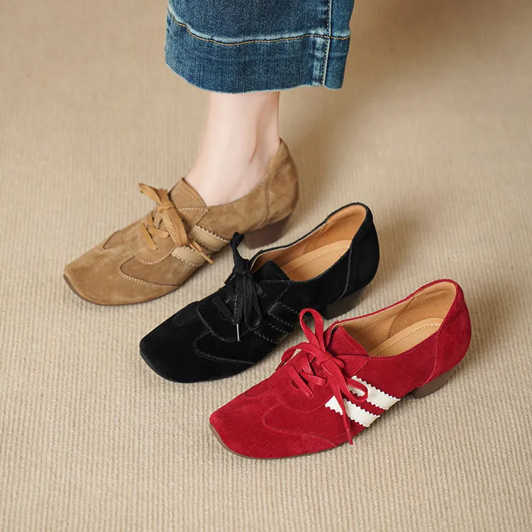 牛皮~4cm深口软底真皮单鞋女系带红色高跟深口休闲舒适玛丽珍女鞋