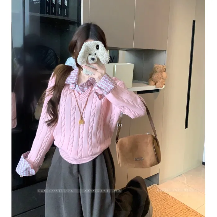 拼接格子假两件polo领套头毛衣女冬季长袖针织衫绞花宽松粉色上衣