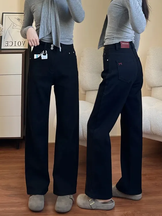 黑色直筒牛仔裤女2025秋冬新款胖mm梨形身材遮胯高腰显瘦烟管裤子