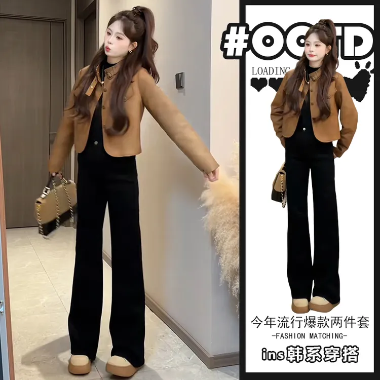 2025年高级感两件套穿搭秋冬新款时尚气质短款外套高腰黑色裤子潮
