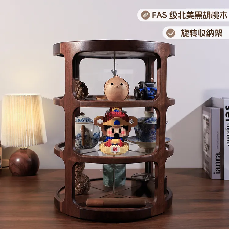 双11北美黑胡桃木旋转茶具展示柜实木茶壶收纳柜中式多层展示架