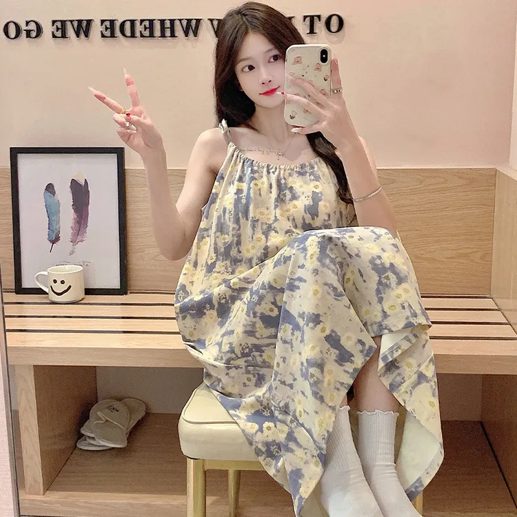 韩版新款夏季无袖吊带睡裙女ins中长款宽松休闲舒适家居服可外穿