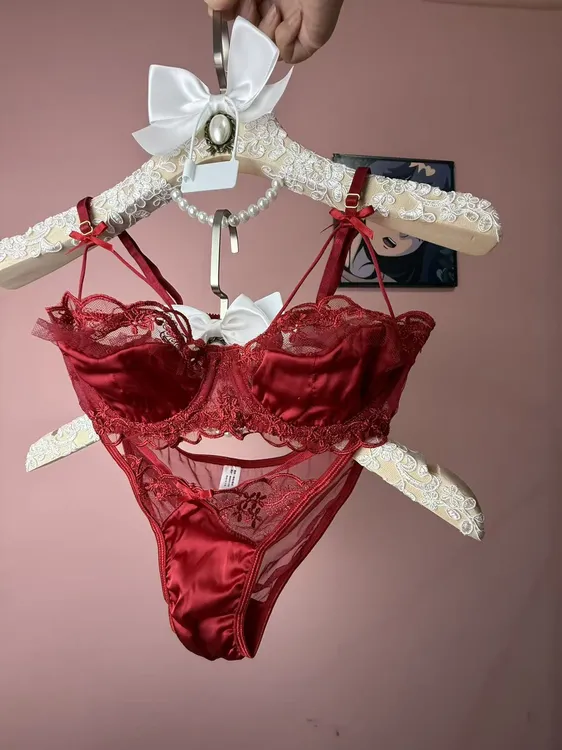 法式性感刺绣镂空心形细带丝滑缎面文胸带钢圈超薄款聚拢小胸套装