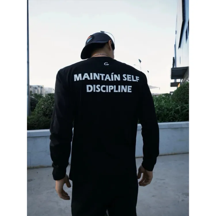 美式标语印花圆领打底T恤男秋冬休闲百搭cleanfit长袖小领口上衣