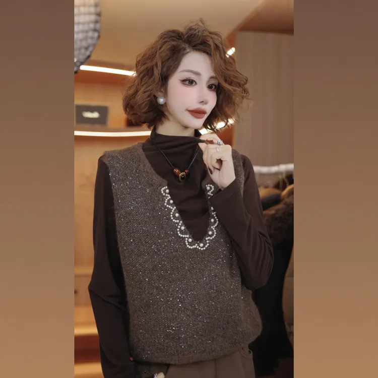 七奈 「硕锦」百搭简约亮片珠珠V领背心合身马甲QN13903