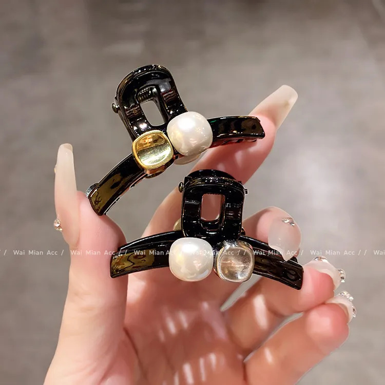 简约百搭珍珠小抓夹女气质黑色碎发边夹刘海夹新款后脑勺半扎发夹