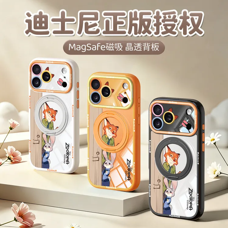 疯狂动物城适用苹果17Promax手机壳透明iPhone16pro磁吸支架情侣