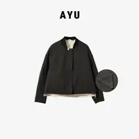 阿玉家&欧韩风格圆领短款加厚保暖女款两面穿三角标羽绒服#92710