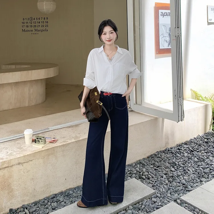 韩系气质御姐风白色蕾丝衬衫高腰牛仔裤两件套女秋季优雅气质套装