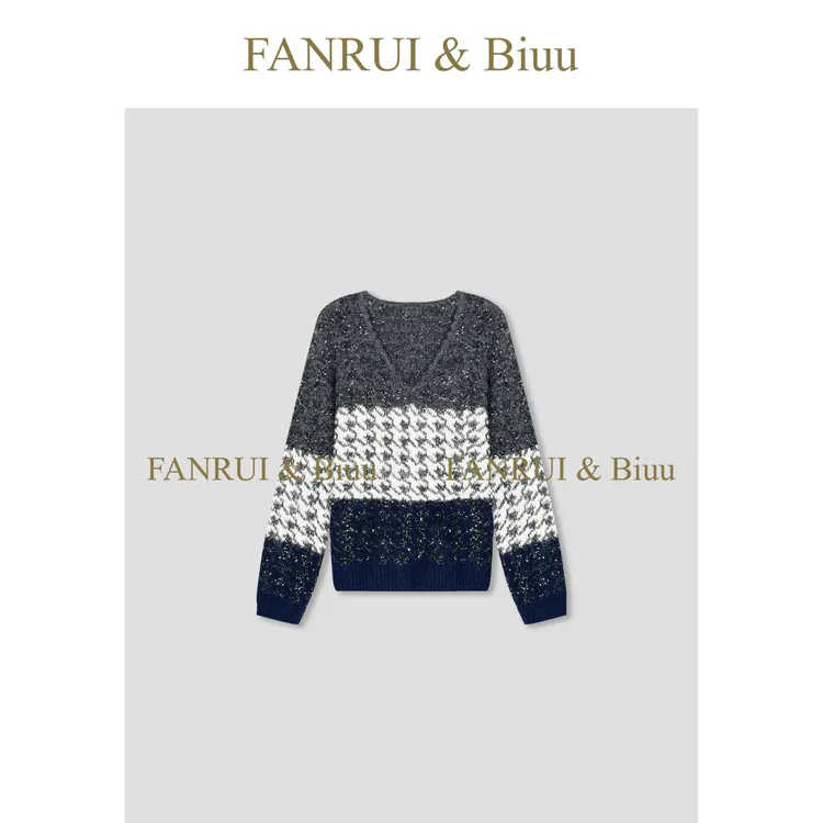 FANRUI/泛芮「贝贝biuu」羊毛拼色减龄宽松显瘦圆领针织上衣B18366