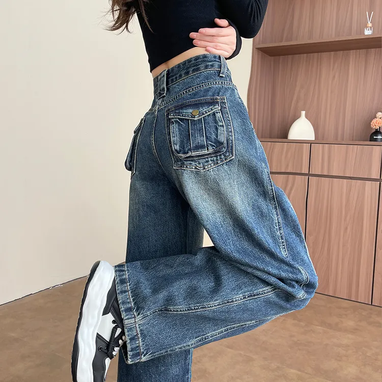 美式高街阔腿牛仔裤女秋季新款大码梨型高腰显瘦宽松垂感弯刀裤子