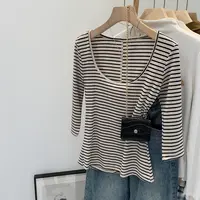 【部分现】条纹中袖T恤女夏2025新款简约修身显瘦七分袖上衣250698