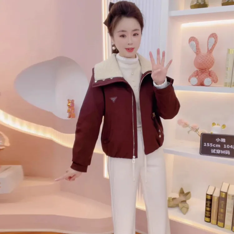 时尚加绒加厚短外套女2025冬季新款洋气显瘦大翻领毛领保暖棉袄潮