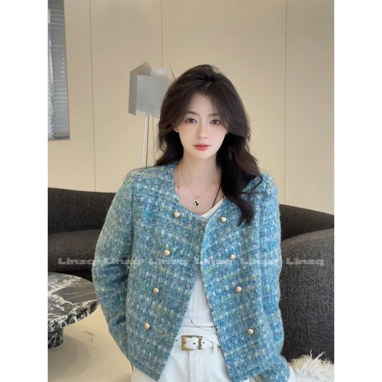 现货 林子秋 【蓝孔雀】蓝绿色羊毛小香夹棉外套