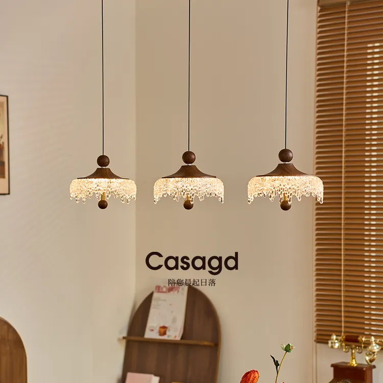 CASAGD法式中古风水滴餐厅吊灯三头长盘吧台复古胡桃木色餐厅灯