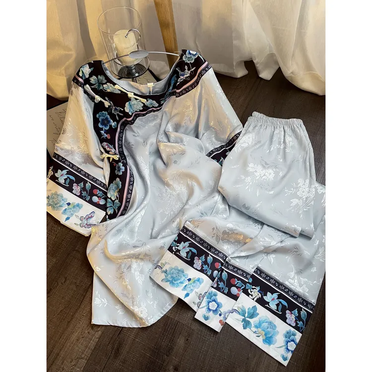 国风高级感少女休闲短袖睡衣女夏季新款家居服大码长裤冰丝两件套