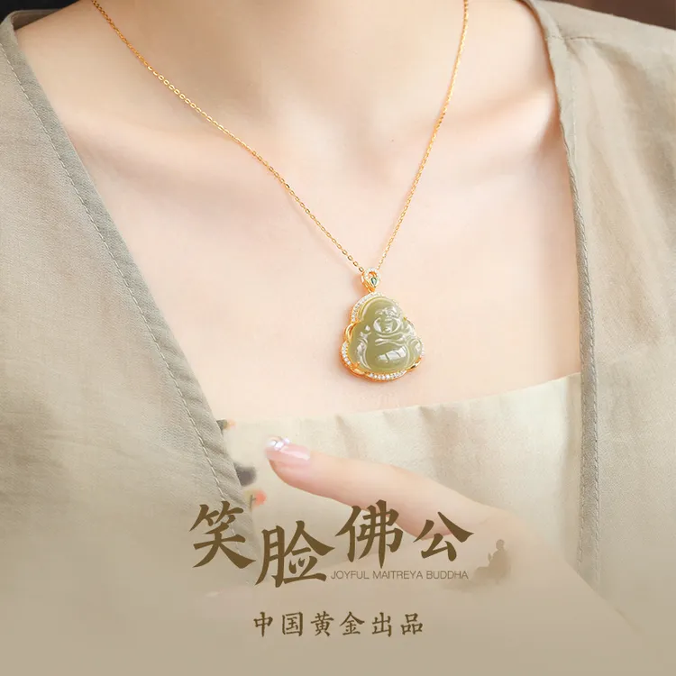 中国黄金珍尚银大肚佛公项链女和田玉吊坠生日礼物送妈妈老婆S925