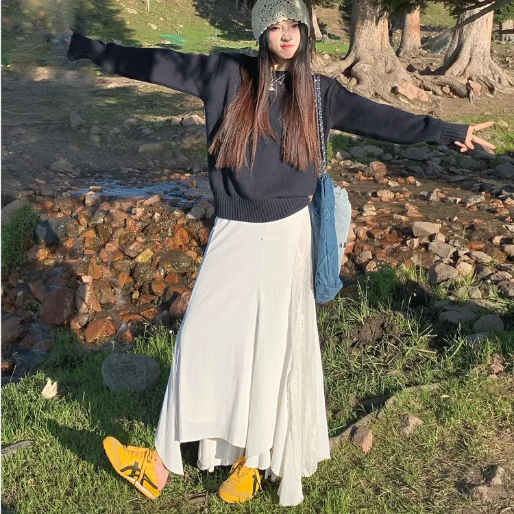 罗马假日 白色重工不规则半身裙时尚高级感蕾丝拼接鱼尾长裙