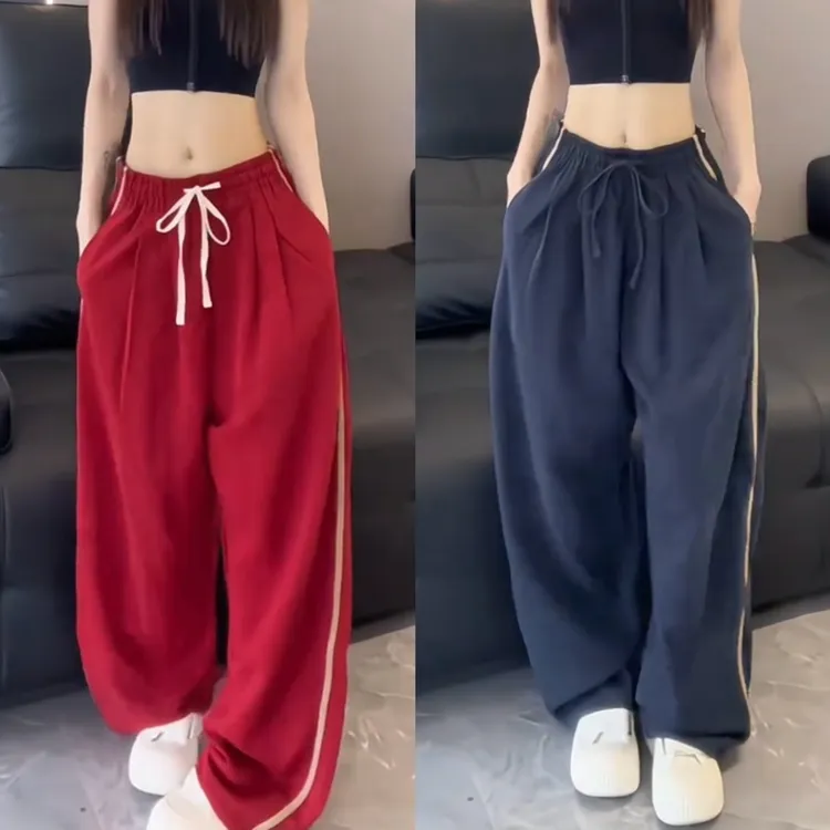 夏季新款潮流条纹拼接男士休闲裤时尚宽松百搭透气直筒运动阔腿裤