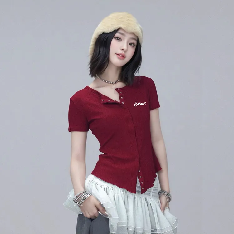 XVRV2025夏季暗扣开衫新款炸街上衣健身跳操运动户外曳步舞T恤