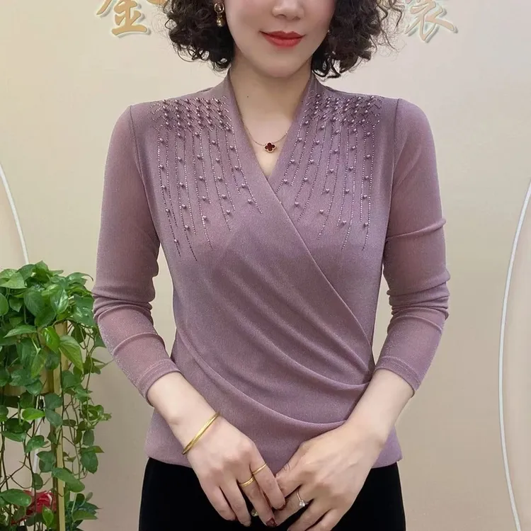 春季新款洋气交叉V领修身显瘦透气网纱串珠气质中老年妈妈装8868