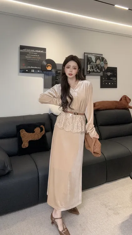 2025秋季设计感法式复古长袖收腰拼接网纱气质女时尚温柔丝绒套装