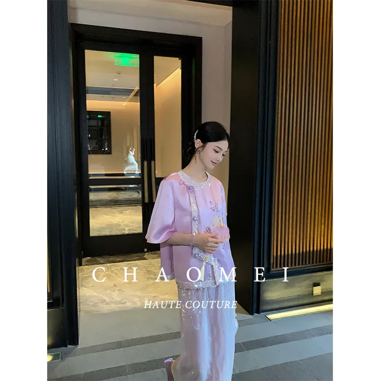 冯（CHAOMEI【美人鱼】新中式国风女装高级感轻奢绣花醋酸上衣