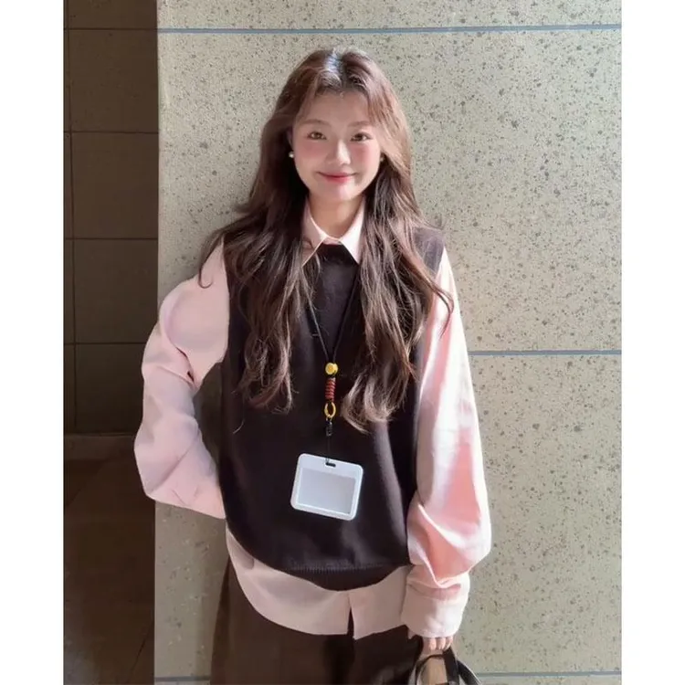 INSCEC韩系穿搭女圆领毛衣马甲背心气质翻领长袖衬衫两件套套装