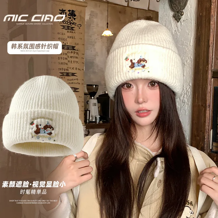 弥潮帽子女针织毛线帽新款可爱小狗保暖护耳帽显脸小套头冷帽秋冬
