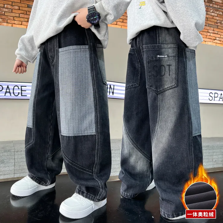 个性拼布男童冬季水洗黑色牛仔裤一体绒长裤儿童加绒加厚裤子潮