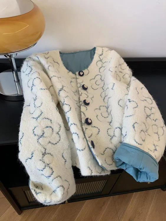 2025秋冬时尚两面穿宽松圆领夹克休闲短款百撘减龄单排扣外套女装