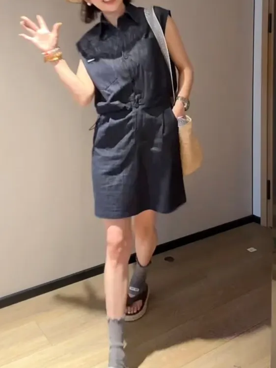 女森说夏季新款薄款牛仔连体裙抽绳收腰宽松显瘦减龄连体短裙