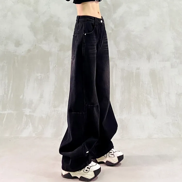 口袋设计黑色加绒休闲牛仔弯刀裤女冬新款高腰宽松显瘦百搭香蕉裤