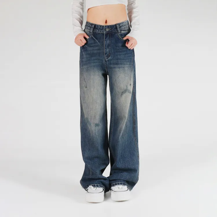 FaGn原创秋冬加绒牛仔裤女重工洗水做旧宽松直筒裤显瘦窄版阔腿裤