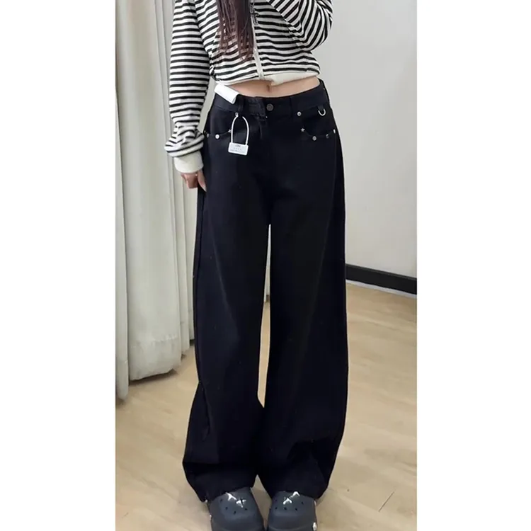 美式复古黑色铆钉牛仔裤女秋冬2025新款高腰阔腿宽松直筒梧桐裤子