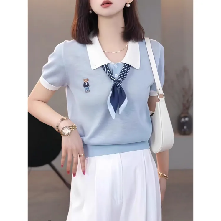 别致撞色翻领带丝巾针织短袖t恤女夏新款设计感小众减龄休闲上衣