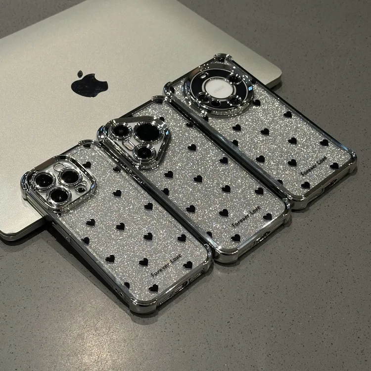 欧克里里满屏黑色小爱心电镀手机壳适用苹果16华为oppo小米15vivo