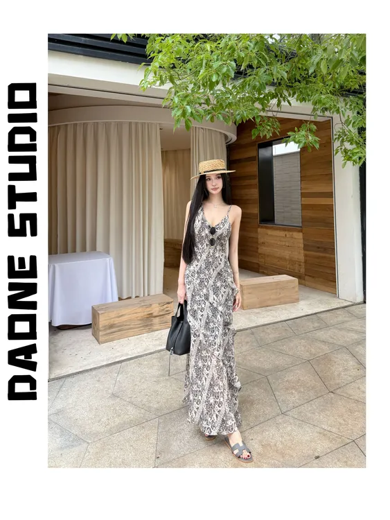 DAONE法式复古印花不规则荷叶边气质收腰裙子连衣长裙