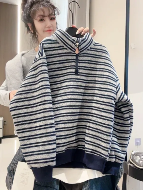 条纹男女童冬装卫衣新款秋冬款中大童半拉链加厚上衣冬季男孩潮