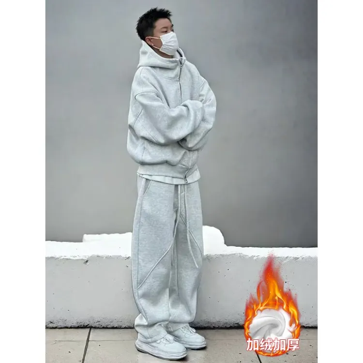 休闲男士运动套装加厚宽松加绒套装卫衣卫裤连帽情侣一整套两件套