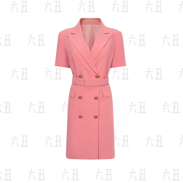 【六丑】新款高级感时尚修身显瘦双排金扣西装领连衣裙507LYQ1062