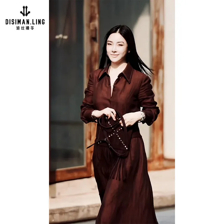 迪丝嫚苓咖色连衣裙气质时尚休闲复古收腰小众舒适显瘦原创设计风