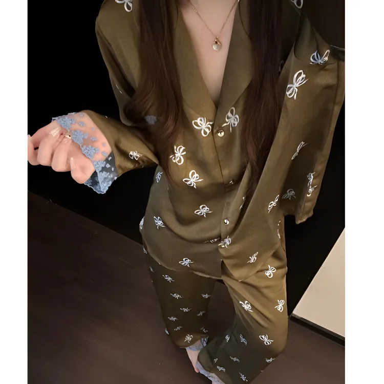 法式高级感蕾丝蝴蝶结印花冰丝睡衣女2025夏季大码套装家居服外穿