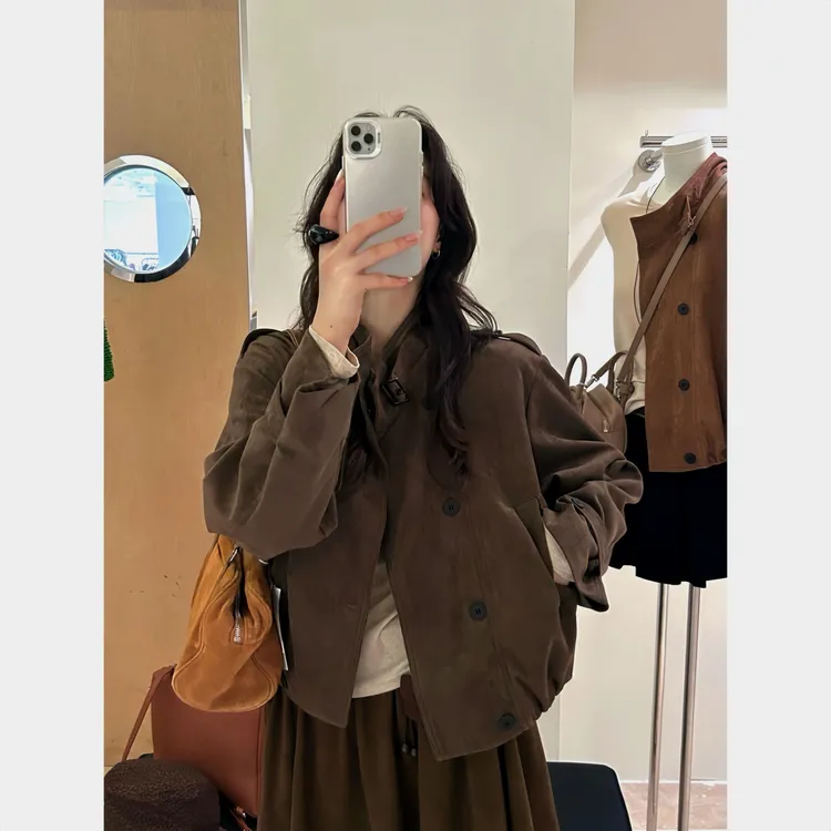 复古麂皮绒经典款双排扣短外套女2025秋季新款小个子高级夹克上衣