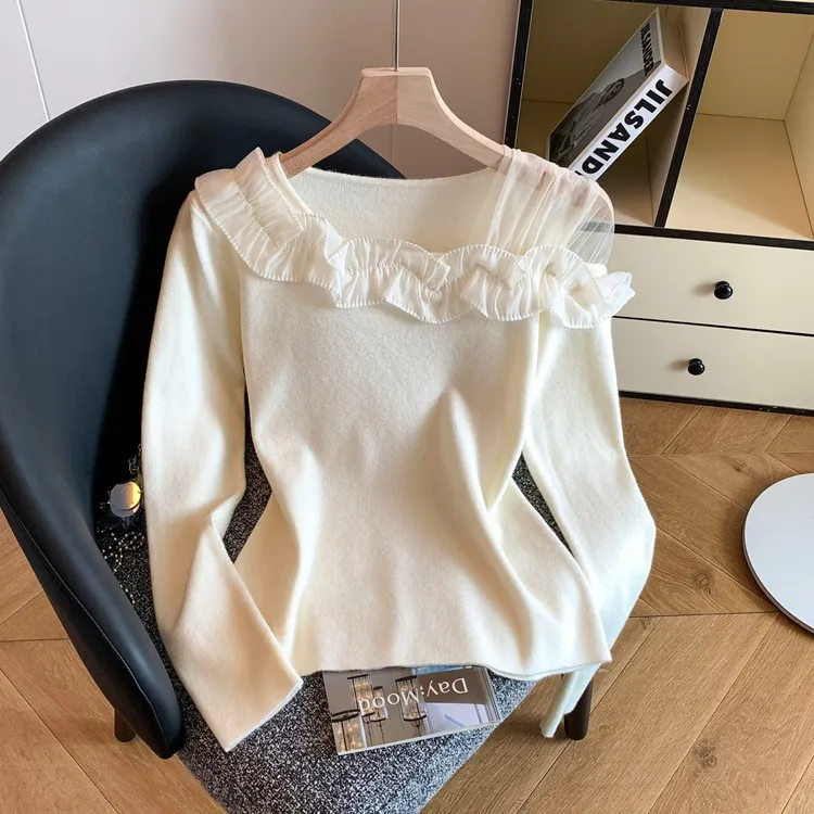 花边长袖拼接针织衫女早秋立体花朵网纱斜肩小上衣温柔风打底毛衣