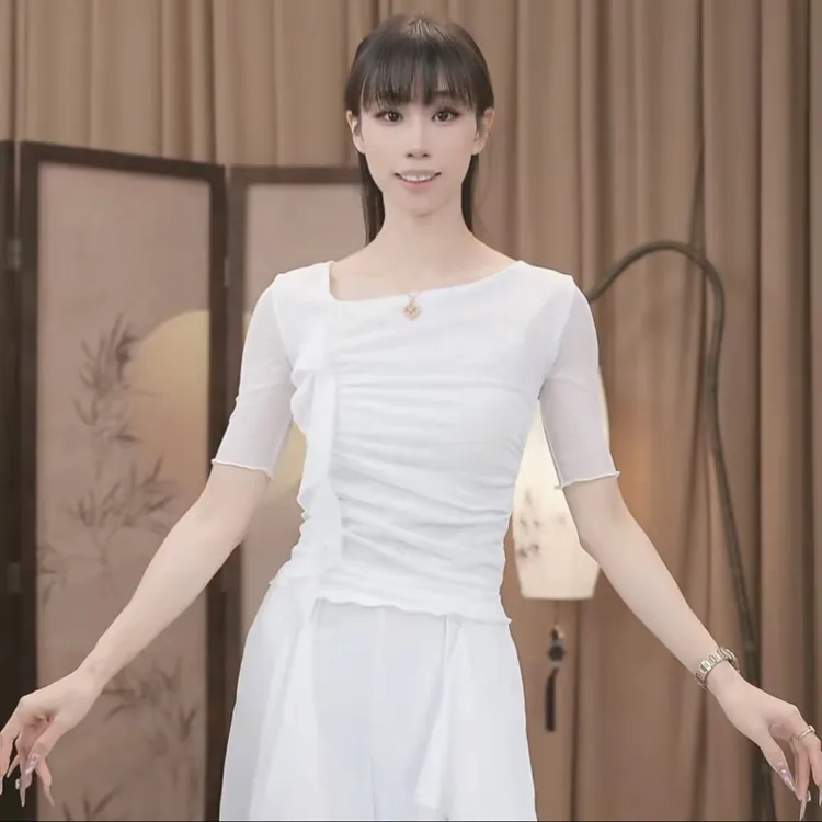 花棠中袖褶皱水纱气质优雅短袖舞蹈服显瘦可外穿形体服上衣中国舞