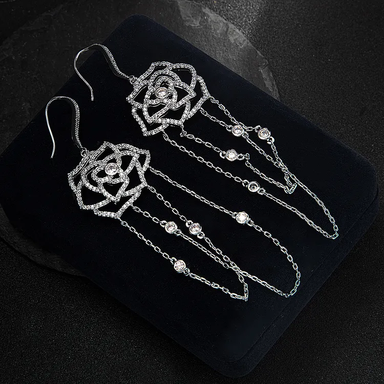 铜合金锆石耳饰 山茶花流苏耳环女捕梦网高级微镶宴会新娘耳饰