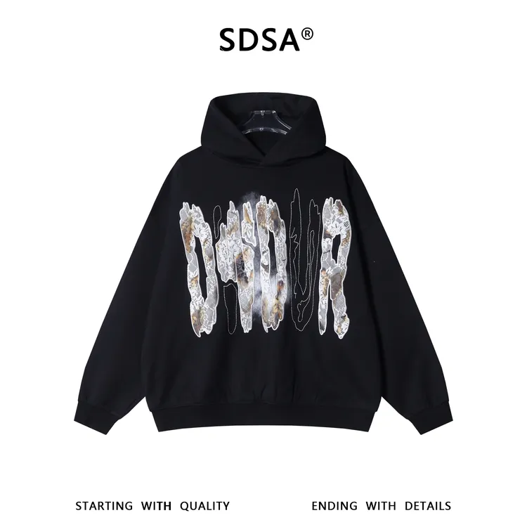 SDSA男士秋冬新款痞帅男装重工蕾丝刺绣字母连帽卫衣潮牌百搭上衣